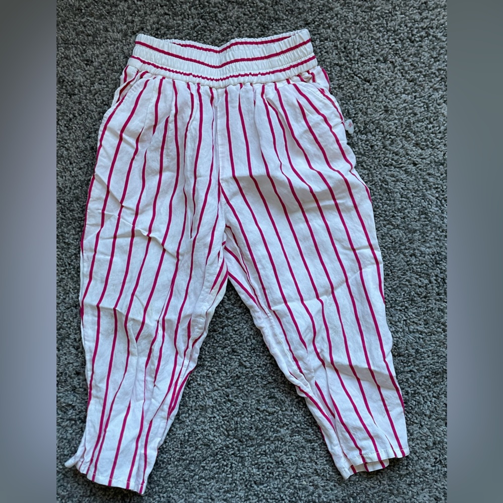 MonnaLisa Poplin Vacation Pants, White w/ Pinkish Red Stripes 3T